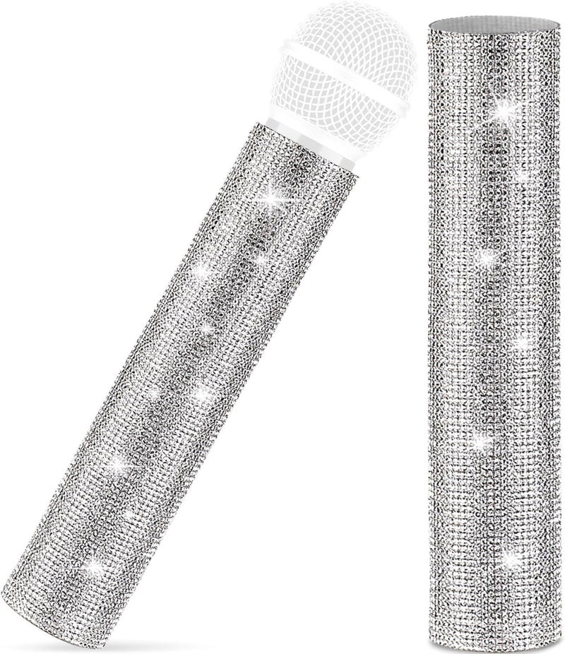 Facmogu MIC NOT INCLUDED, Silver Mic Handle Cover, Rhinestones Mic Handle Sleeve for Party & TV Show, Microphone Cover Sleeve with Sparkly Bling Rhinestones Fit for Most Universal Wireless Microphones - Image 1